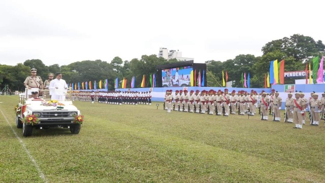 Tripura CM Dr Manik Saha receiving the Guard of Honor at the AR ground in Agartala on August 15, 2024